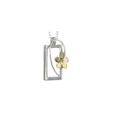 Silver Rectangular Pendant with Yellow Gold Burren Flower