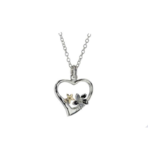 Burren Collection Sterling Silver Heart Pendant with Silver and Gold Burren Flowers