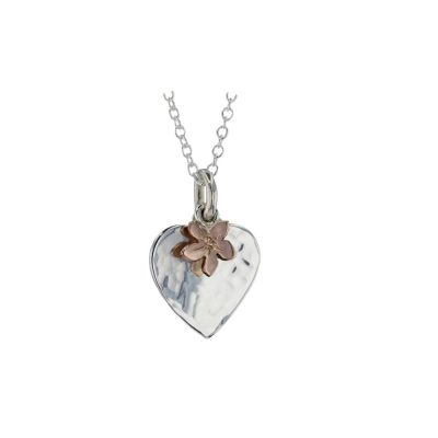 Hammered Silver Heart Pendant with Rose Gold Flower