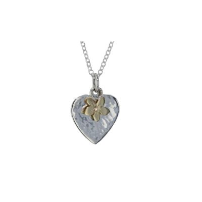 Hammered Silver Heart Pendant with Yellow Gold Flower