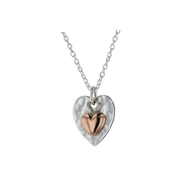 Hammered Silver Heart Pendant with 9ct Rose Gold Heart