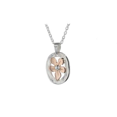 Oval Sterling Silver Pendant with Rose Gold Burren Flower