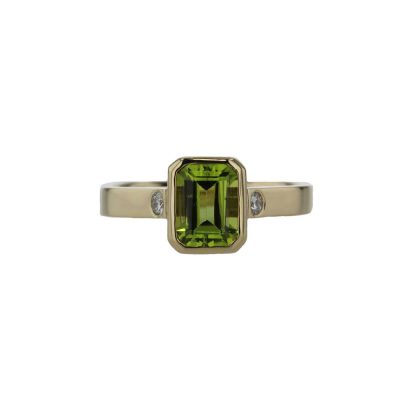 Emerald Cut Peridot and Diamond Ring